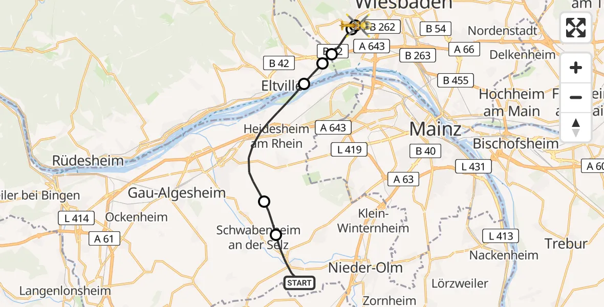 Flugroute Rettungshubschrauber Stadecken-Elsheim - Helios Horst Schmidt Klinik (HSK) Hubschrauberlandeplatz, 11 Juni 2026, 16:11