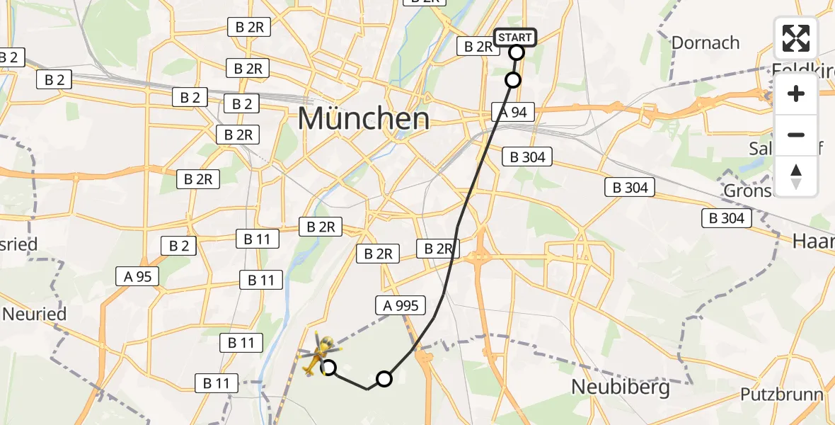 Flugroute Rettungshubschrauber München Bogenhausen Hospital - ADAC Air Rescue Center Hubschrauberlandeplatz (Christoph 1), 11 Juni 2026, 16:15