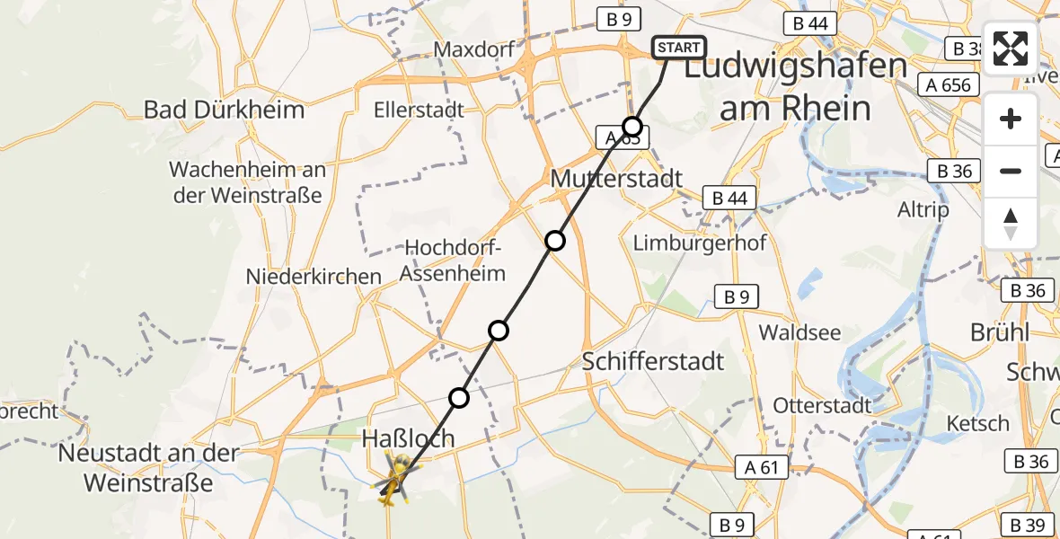 Flugroute Rettungshubschrauber Ludwigshafen am Rhein - Haßloch, 11 Juni 2026, 16:34