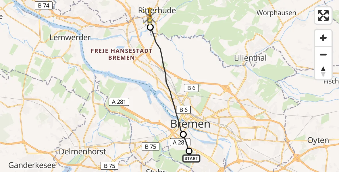 Flugroute Rettungshubschrauber Bremen - Ritterhude, 11 Juni 2026, 16:34