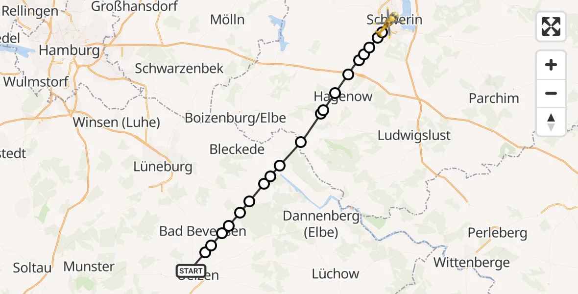 Flugroute Ambulanzhubschrauber Uelzen - Schwerin, 11 Juni 2026, 16:34
