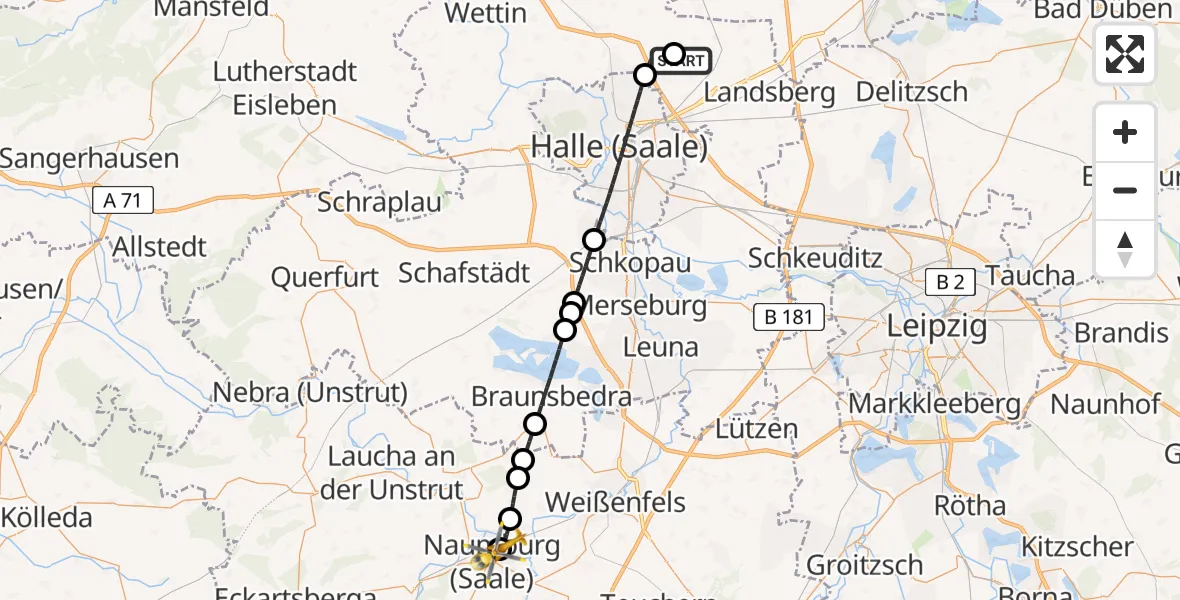 Flugroute Rettungshubschrauber Halle-Oppin Flugplatz - Naumburg Krankenhaus Hubschrauberlandeplatz, 11 Juni 2026, 16:42