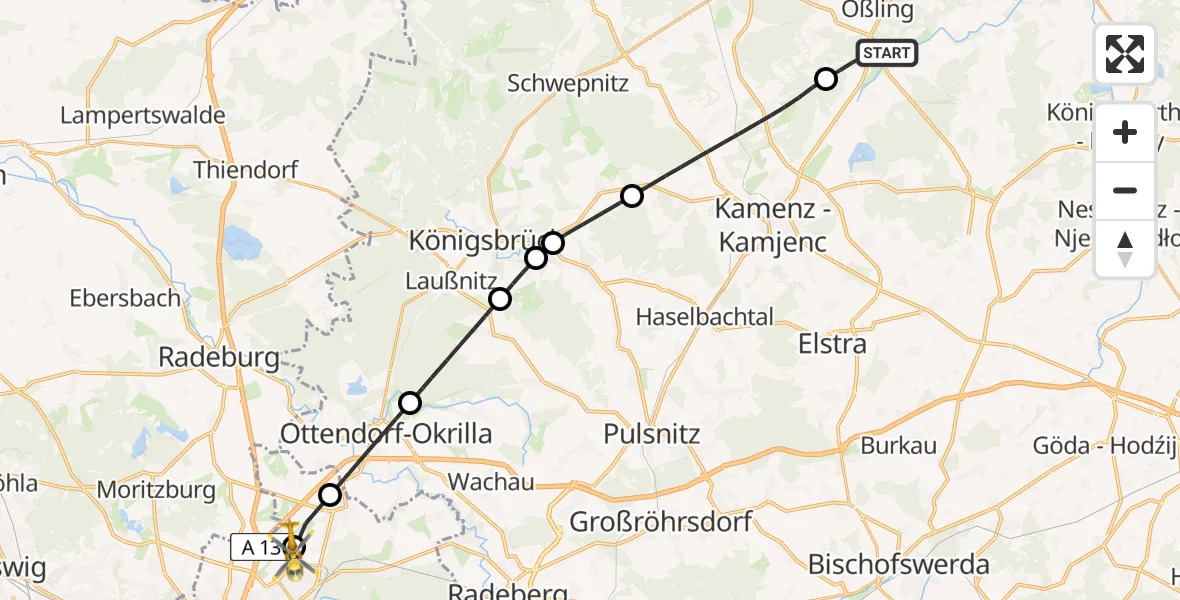Flugroute Rettungshubschrauber Oßling - Dresden Bundespolizei Hubschrauberlandeplatz, 11 Juni 2026, 16:42