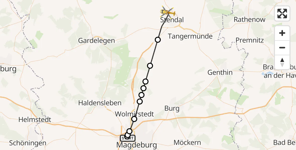 Flugroute Rettungshubschrauber Magdeburg Hospital - Stendal, 11 Juni 2026, 16:44