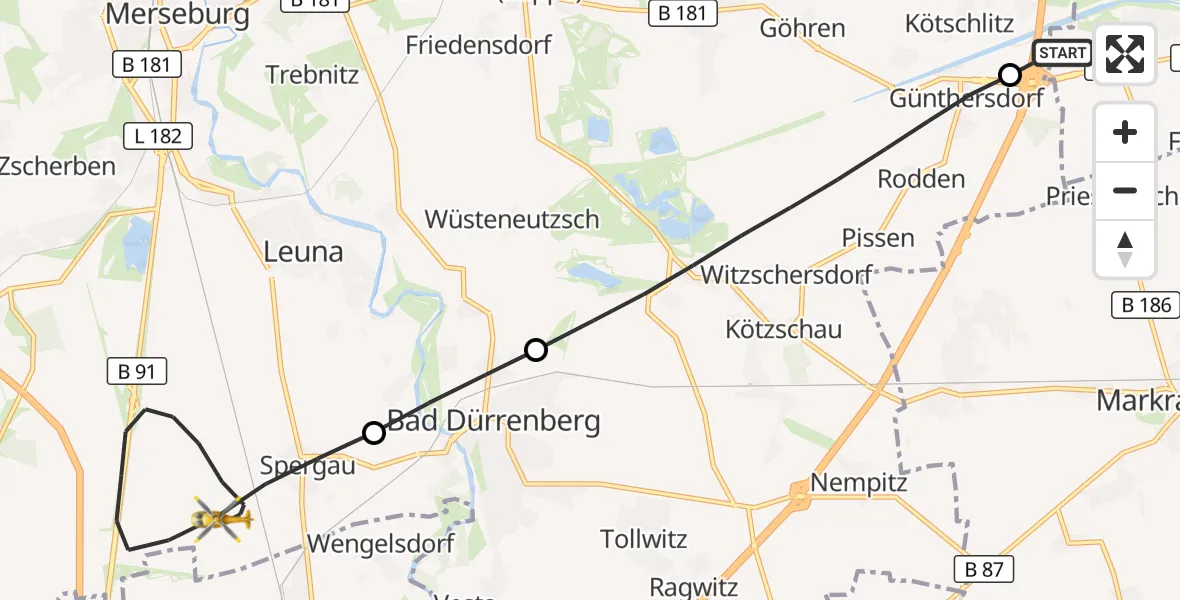 Flugroute Rettungshubschrauber ADAC Air Rescue Station Leipzig/Schkeuditz-Dölzig Hubschrauberlandeplatz (Christoph 61) - Leuna, 11 Juni 2026, 16:46