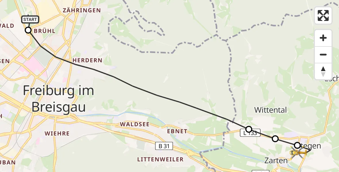 Flugroute Rettungshubschrauber Freiburg im Breisgau Flugplatz - Stegen, 11 Juni 2026, 16:50