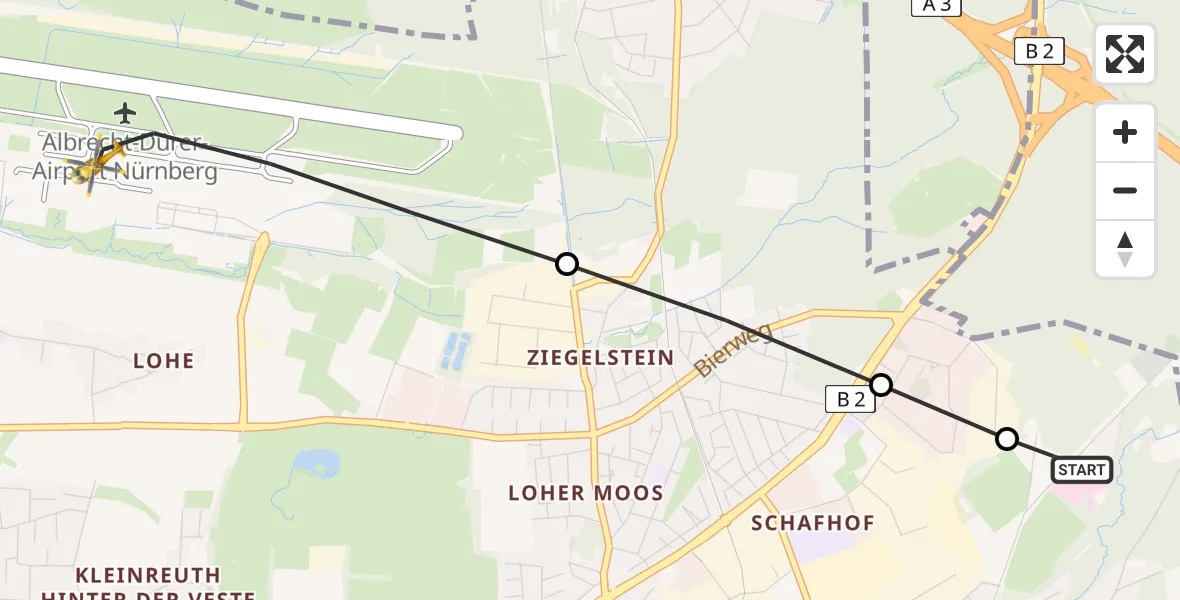 Flugroute Ambulanzhubschrauber Martha-Maria Nürnberg Hospital - Flughafen Nuremberg, 11 Juni 2026, 16:55