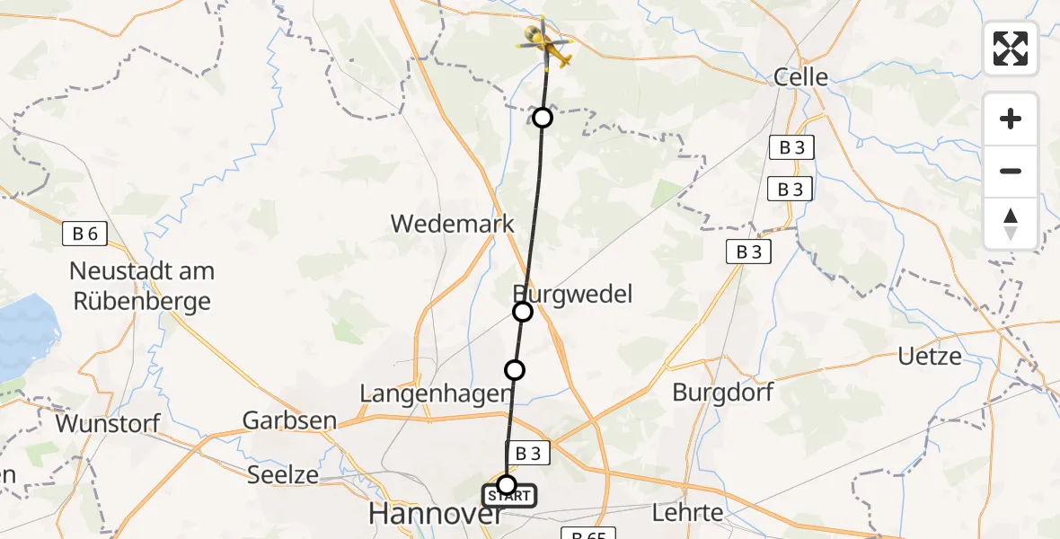Flugroute Rettungshubschrauber Hannover Luftrettung Hubschrauberlandeplatz (Christoph 4) - Wietze, 11 Juni 2026, 16:55