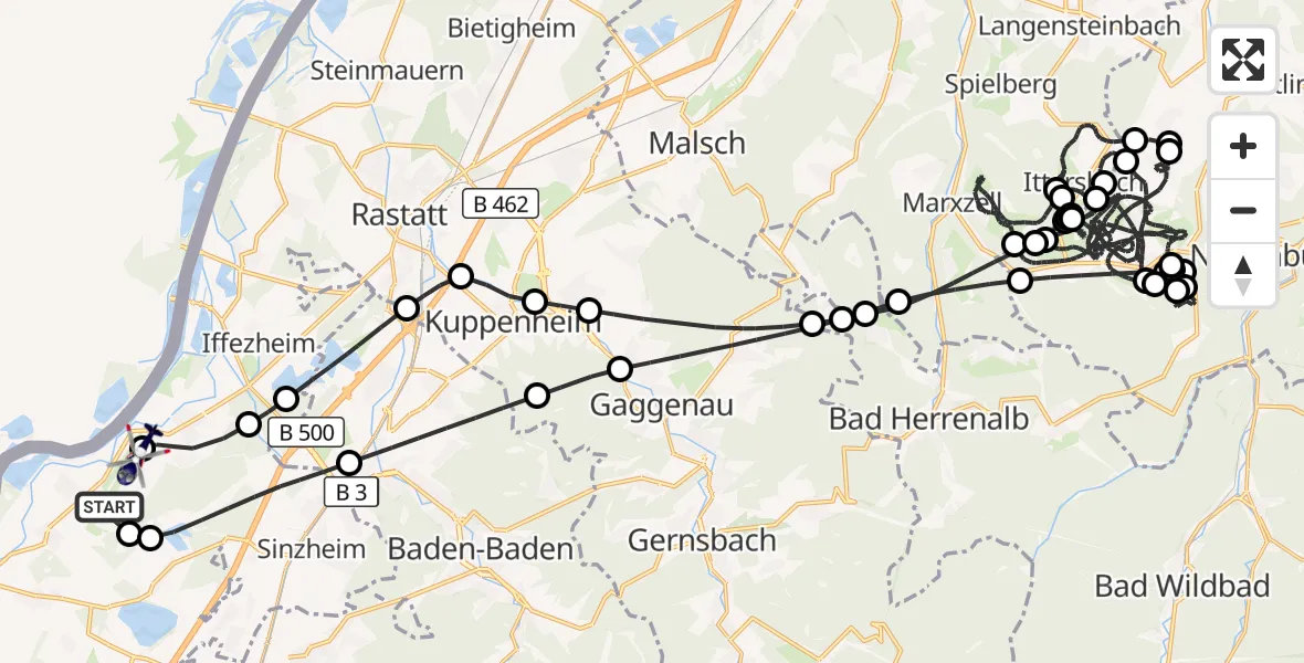 Flugroute Polizeihubschrauber Karlsruhe Baden-Baden Flughafen - Karlsruhe Baden-Baden Flughafen, 11 Juni 2026, 17:04