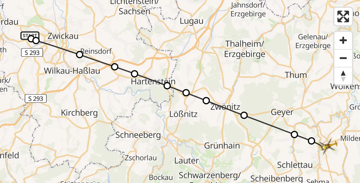 Flugroute Rettungshubschrauber ADAC Air Rescue Station Zwickau Hubschrauberlandeplatz - Annaberg-Buchholz, 11 Juni 2026, 17:15