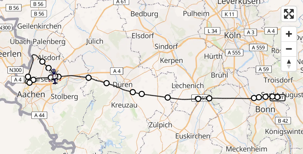 Flugroute Polizeihubschrauber Bonn-Hangelar Flugplatz - Aachen-Merzbrück Flughafen, 11 Juni 2026, 17:24