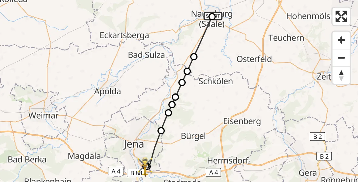 Flugroute Rettungshubschrauber Naumburg Hospital - Jena University Hospital, 11 Juni 2026, 17:29