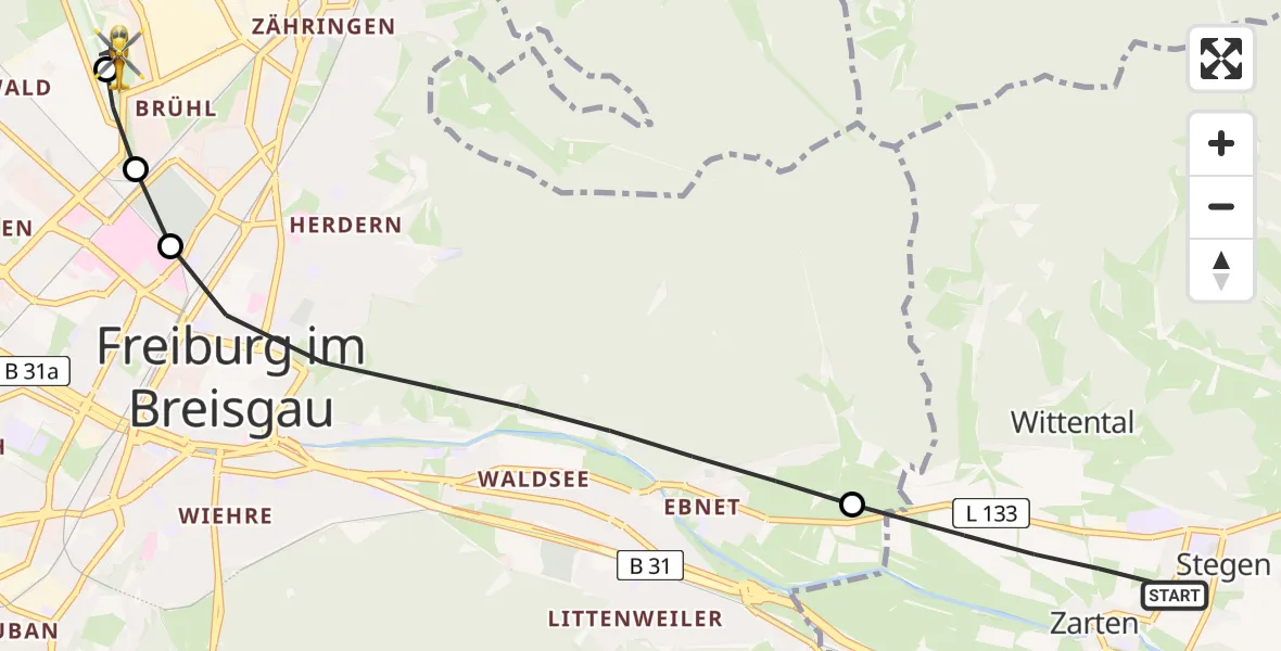 Flugroute Rettungshubschrauber Kirchzarten - Freiburg im Breisgau Flugplatz, 11 Juni 2026, 17:30