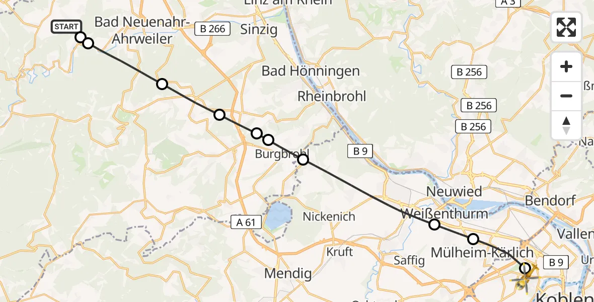 Flugroute Rettungshubschrauber Grafschaft - Koblenz, 11 Juni 2026, 17:30