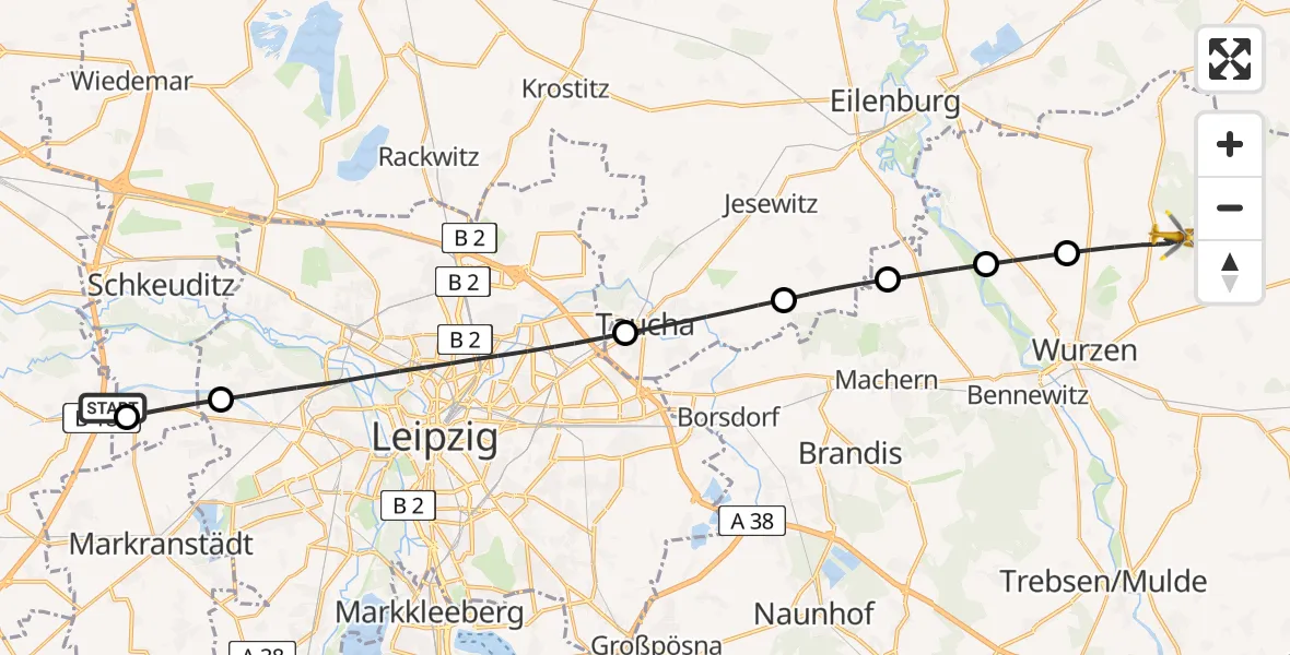 Flugroute Rettungshubschrauber ADAC Air Rescue Station Leipzig/Schkeuditz-Dölzig Hubschrauberlandeplatz (Christoph 61) - Lossatal, 11 Juni 2026, 17:32