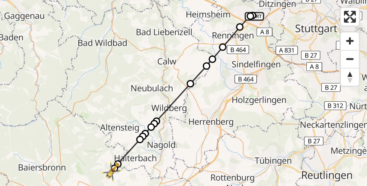 Flugroute Rettungshubschrauber Leonberg Hospital - Waldachtal, 11 Juni 2026, 17:35