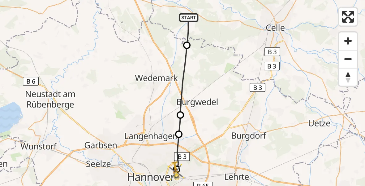 Flugroute Rettungshubschrauber Wietze - Hannover Luftrettung Hubschrauberlandeplatz (Christoph 4), 11 Juni 2026, 17:37