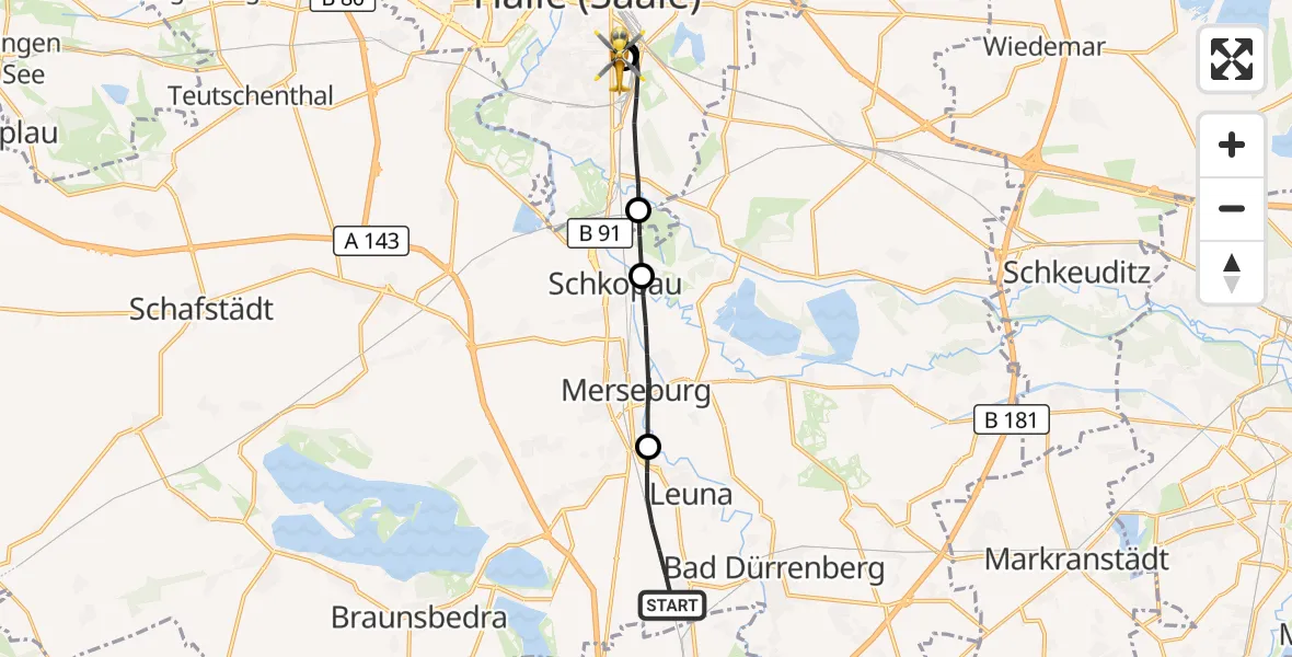 Flugroute Rettungshubschrauber Leuna - BG Hospital Bergmannstrost Halle, 11 Juni 2026, 17:41