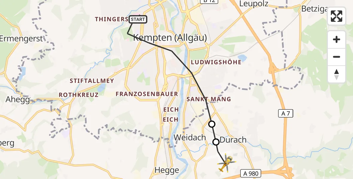 Flugroute Rettungshubschrauber Kempten (Allgäu) - Kempten-Durach Flugplatz, 11 Juni 2026, 17:58