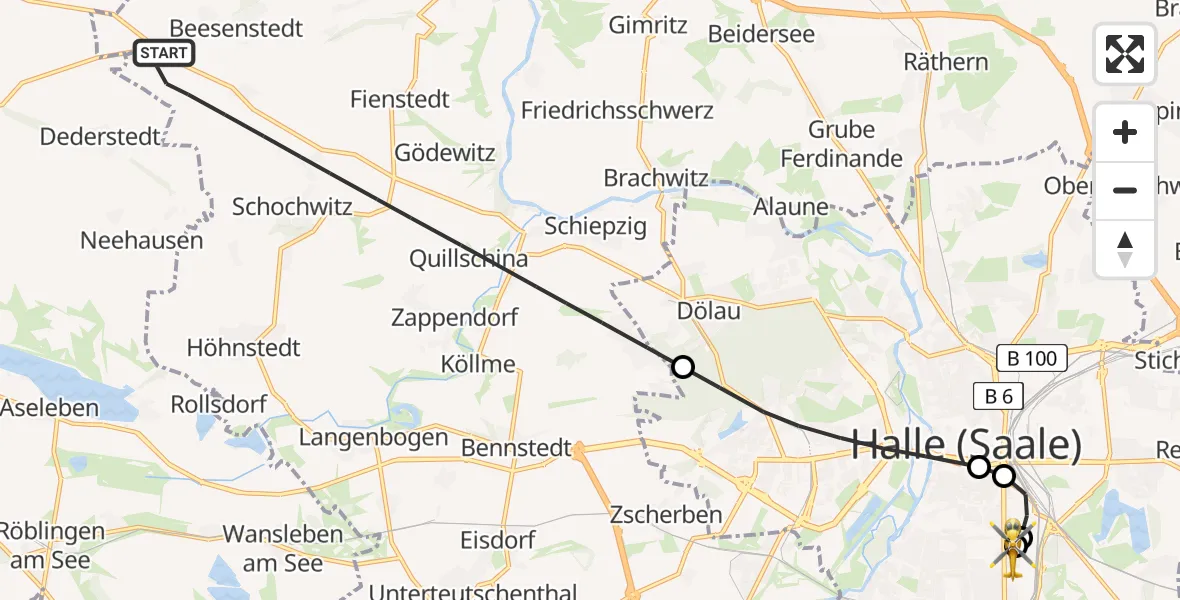 Flugroute Rettungshubschrauber Salzatal - BG Hospital Bergmannstrost Halle, 11 Juni 2026, 18:01