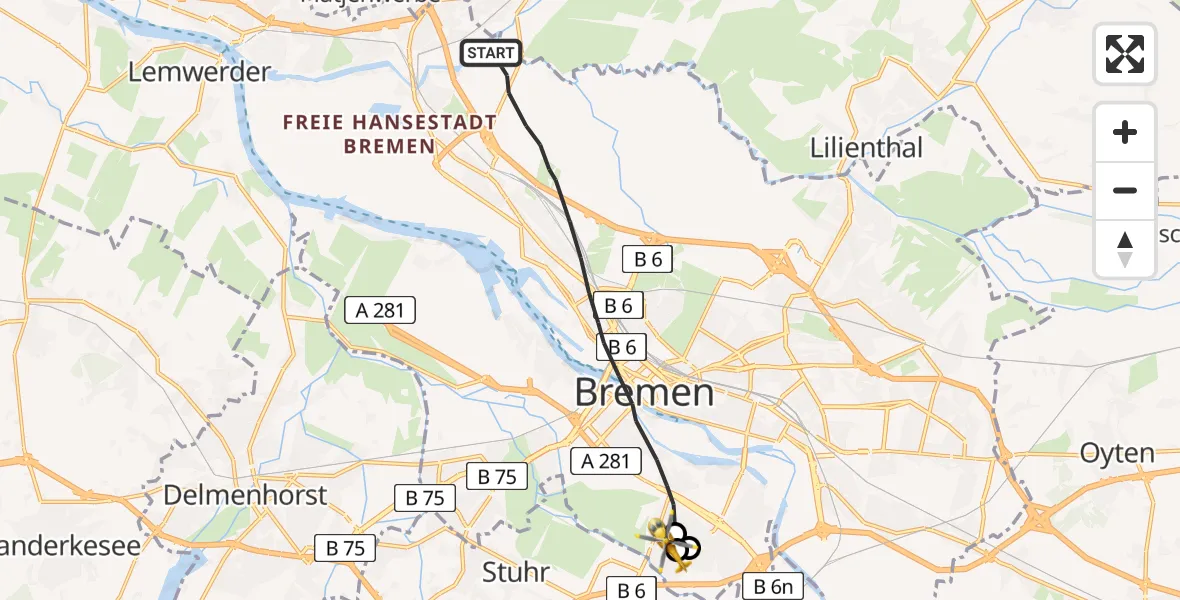 Flugroute Rettungshubschrauber Bremen - ADAC Air Rescue Station Bremen Hubschrauberlandeplatz (Christoph 6), 11 Juni 2026, 18:05