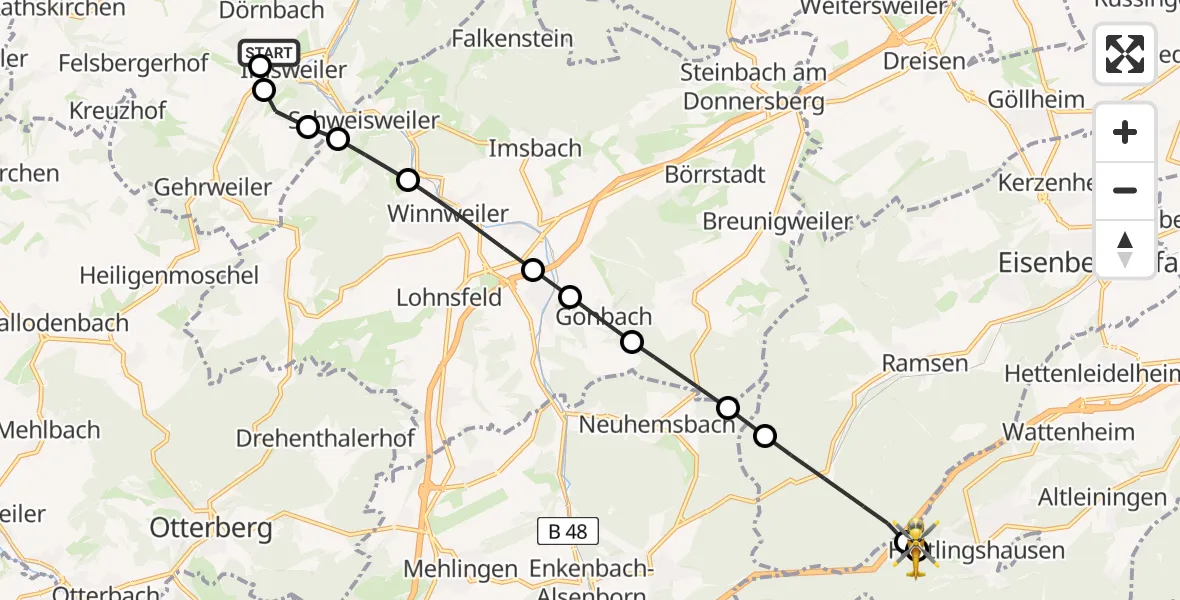 Flugroute Rettungshubschrauber Imsweiler UL - Carlsberg, 11 Juni 2026, 18:07