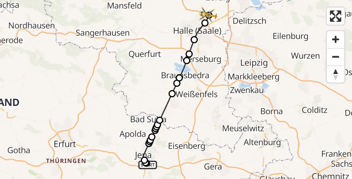 Flugroute Rettungshubschrauber Jena University Hospital - Halle-Oppin Flugplatz, 11 Juni 2026, 18:11