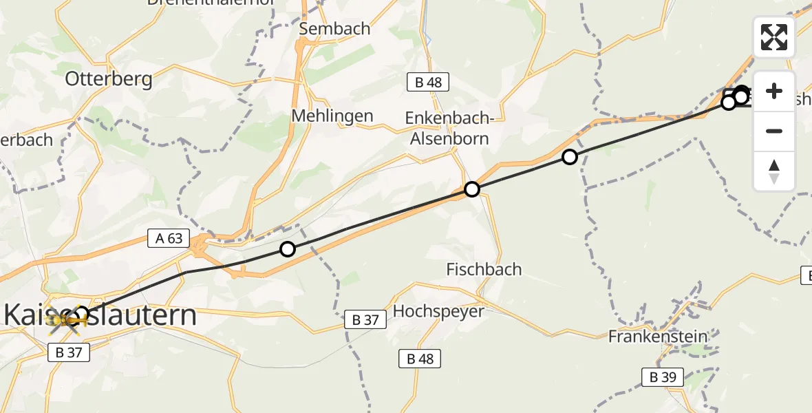 Flugroute Rettungshubschrauber Carlsberg - Westpfalz Hospital Kaiserslautern, 11 Juni 2026, 18:15