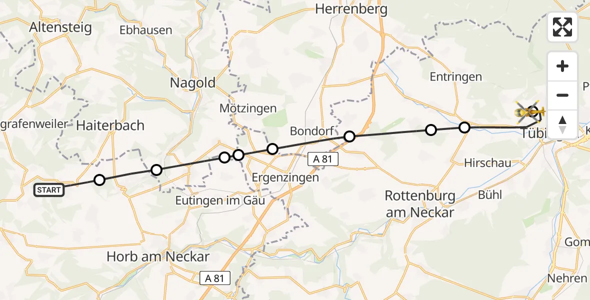 Flugroute Rettungshubschrauber Waldachtal - Tübingen Trauma Hospital, 11 Juni 2026, 18:22