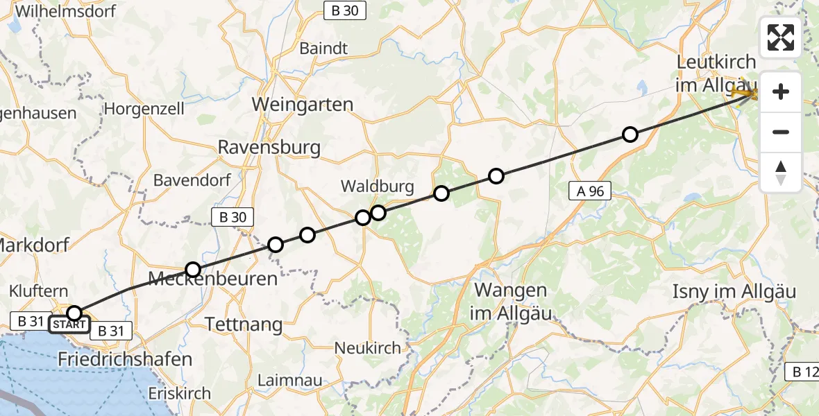 Flugroute Rettungshubschrauber Friedrichshafen Hospital - Leutkirch im Allgäu, 11 Juni 2026, 18:25