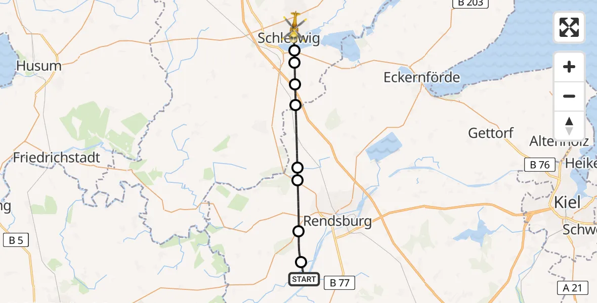 Flugroute Ambulanzhubschrauber Schülp b.Rendsburg - Schleswig, 11 Juni 2026, 18:28