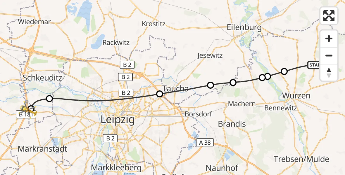 Flugroute Rettungshubschrauber Lossatal - ADAC Air Rescue Station Leipzig/Schkeuditz-Dölzig Hubschrauberlandeplatz (Christoph 61), 11 Juni 2026, 18:35