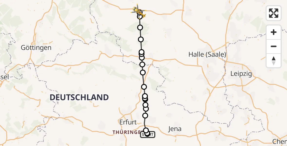 Flugroute Ambulanzhubschrauber Bad Berka Central Hospital - Harz Hospital Quedlinburg, 11 Juni 2026, 18:47