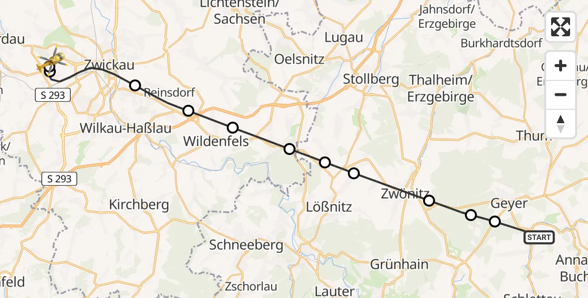 Flugroute Rettungshubschrauber Tannenberg - ADAC Air Rescue Station Zwickau Hubschrauberlandeplatz, 11 Juni 2026, 18:49