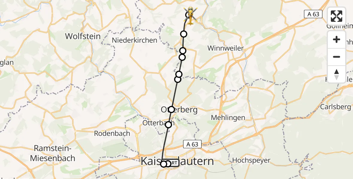 Flugroute Rettungshubschrauber Westpfalz Hospital Kaiserslautern - Imsweiler UL, 11 Juni 2026, 18:50