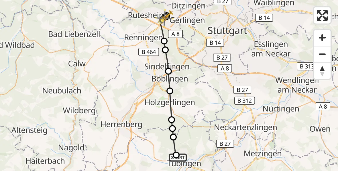 Flugroute Rettungshubschrauber Tübingen Trauma Hospital - Leonberg Hospital, 11 Juni 2026, 18:56