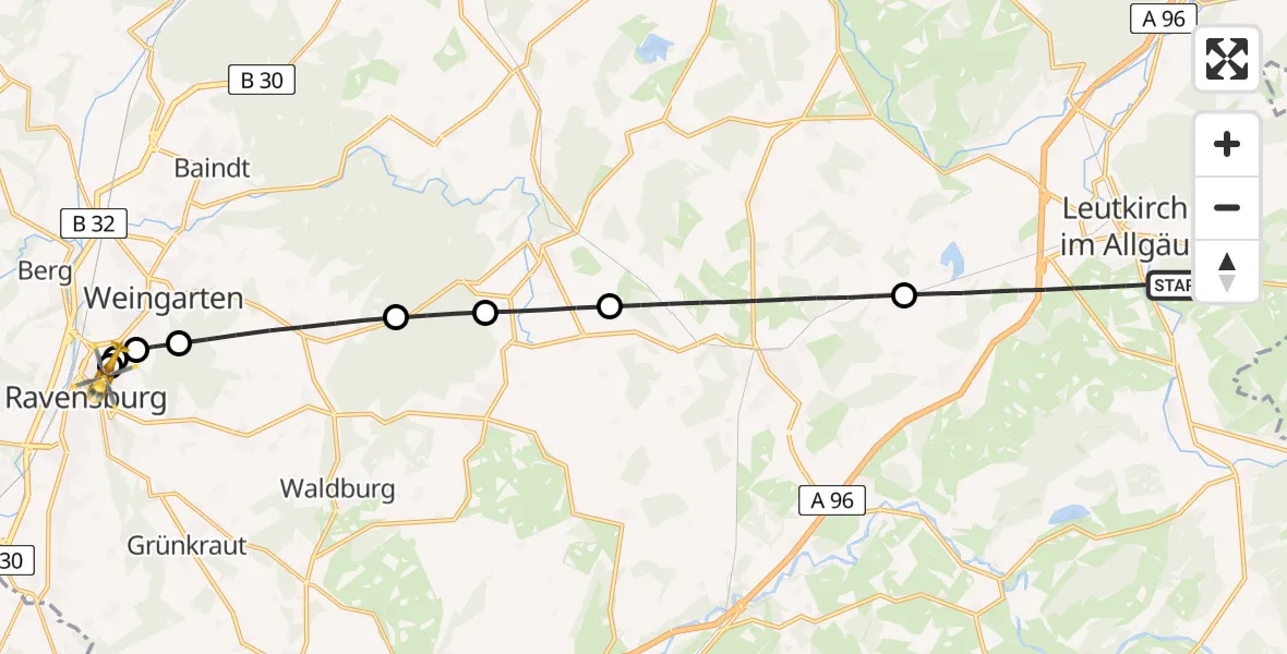 Flugroute Rettungshubschrauber Leutkirch im Allgäu - Sankt Elisabeth Hospital, 11 Juni 2026, 18:56