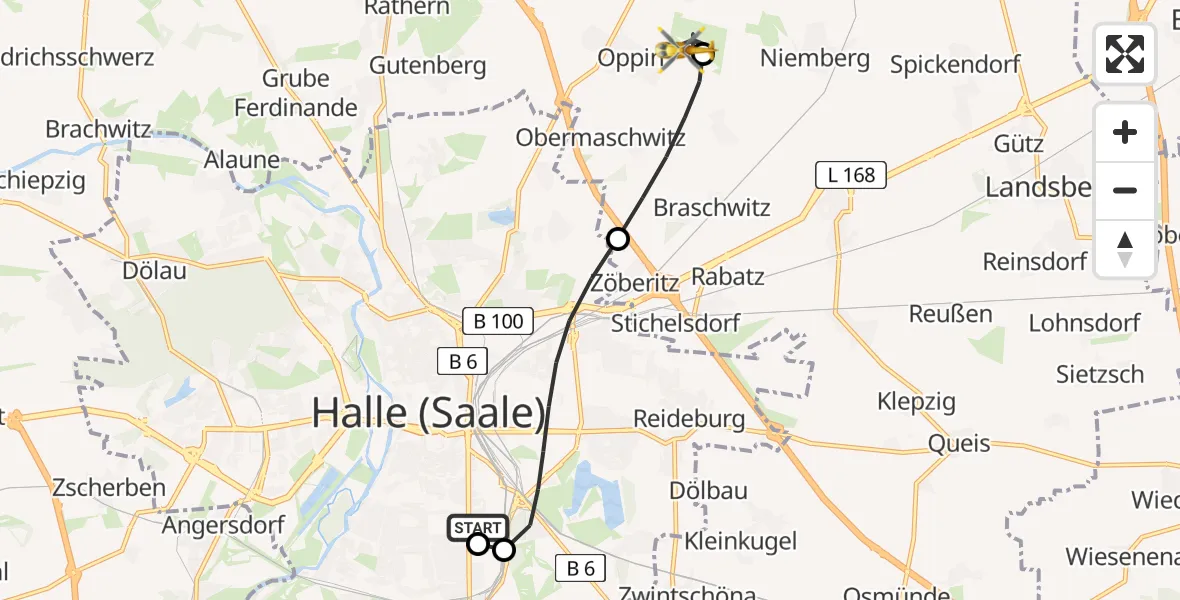 Flugroute Rettungshubschrauber BG Hospital Bergmannstrost Halle - Halle-Oppin Flugplatz, 11 Juni 2026, 19:04