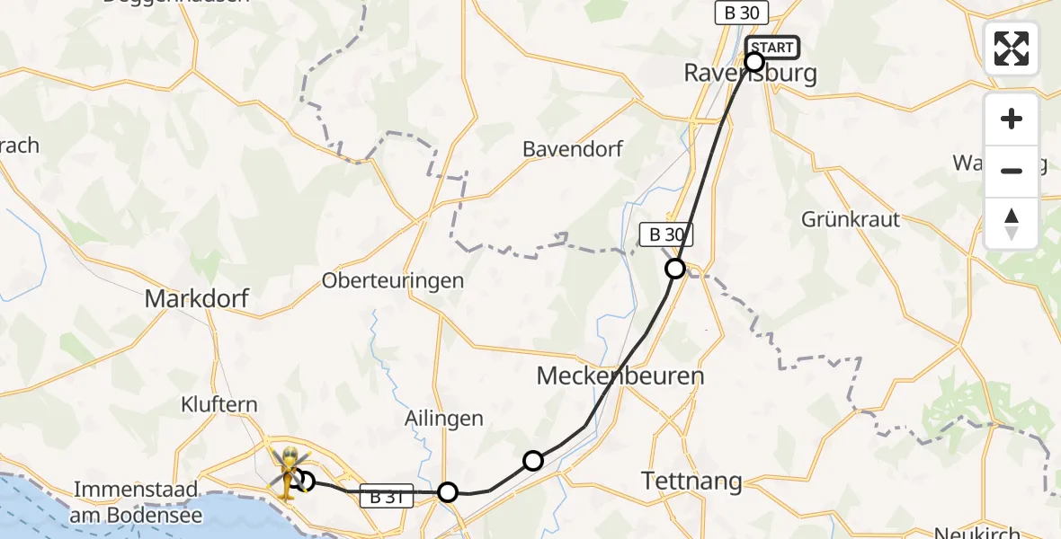 Flugroute Rettungshubschrauber Sankt Elisabeth Hospital - Friedrichshafen Hospital, 11 Juni 2026, 19:27