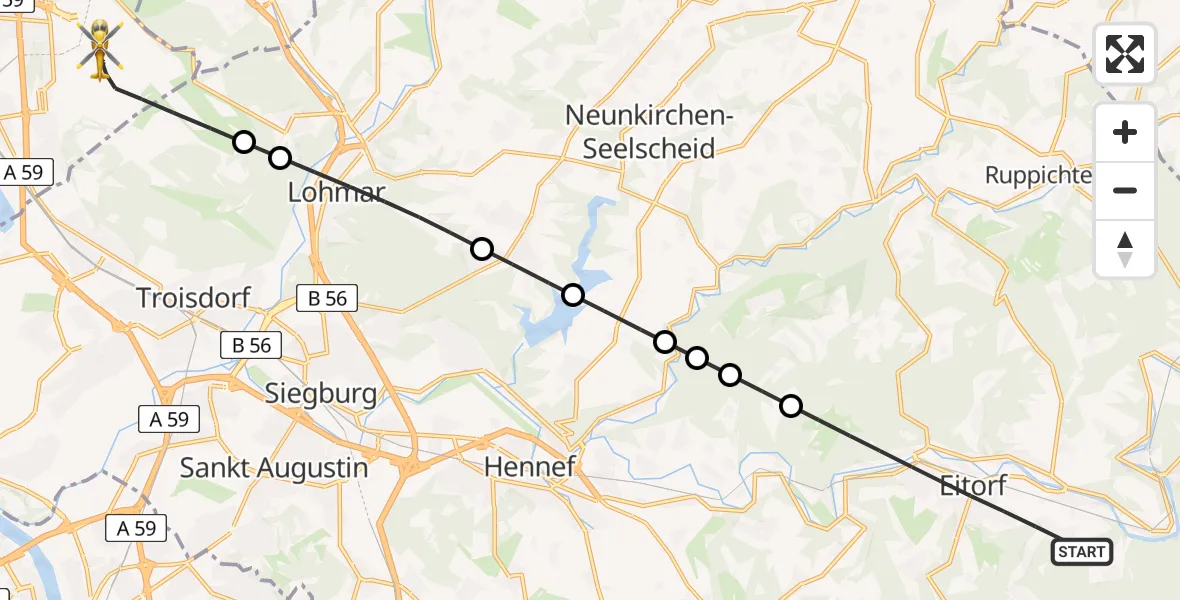 Flugroute Rettungshubschrauber Eitorf - Köln Bonn Flughafen, 11 Juni 2026, 19:48
