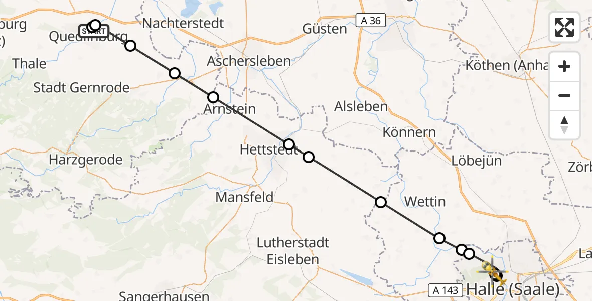 Flugroute Ambulanzhubschrauber Harz Hospital Quedlinburg - Halle (Saale) University Hospital, 11 Juni 2026, 19:49