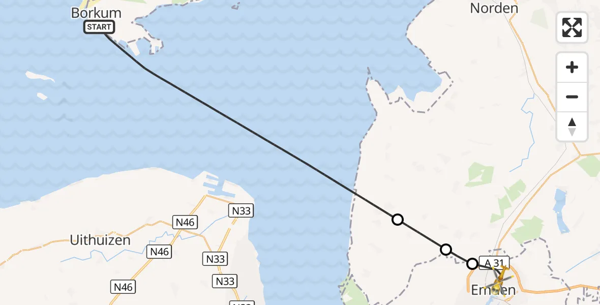 Flugroute Rettungshubschrauber Noordzee - Emden, 11 Juni 2026, 20:13