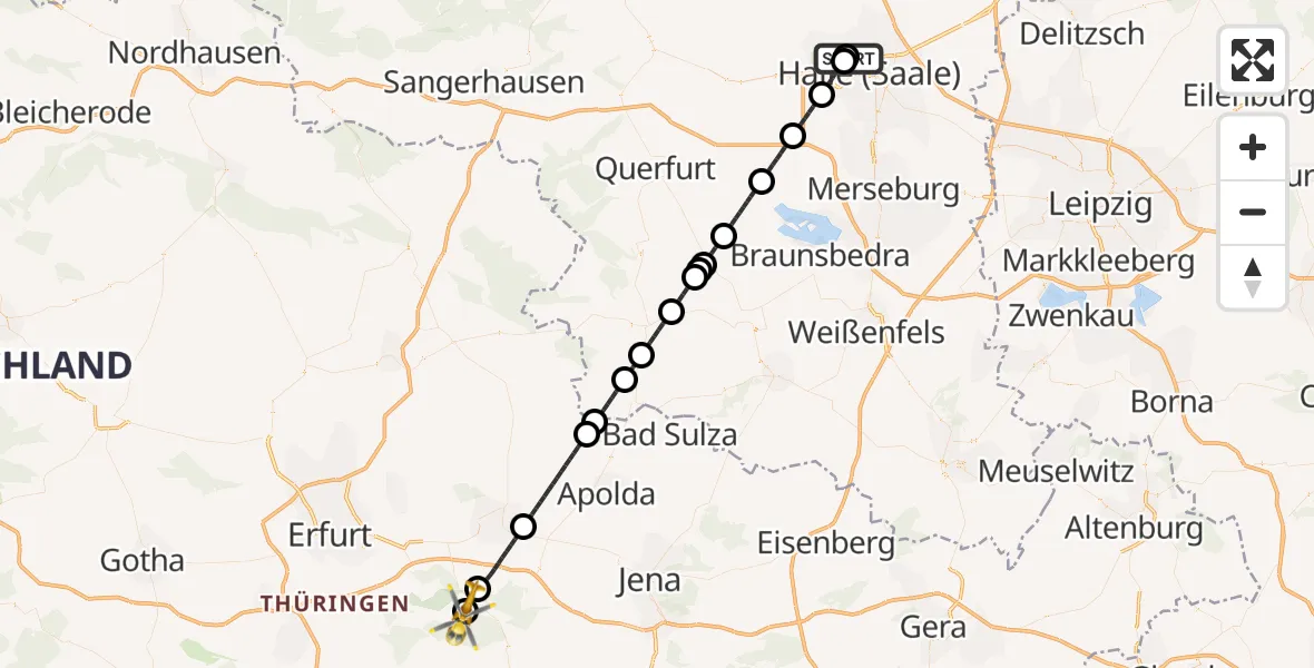 Flugroute Ambulanzhubschrauber Halle (Saale) University Hospital - Bad Berka Central Hospital, 11 Juni 2026, 20:32