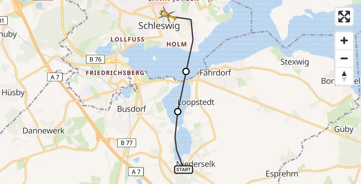 Flugroute Rettungshubschrauber Selk - Schleswig, 11 Juni 2026, 20:38