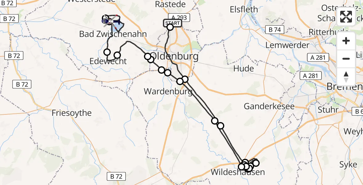 Flugroute Polizeihubschrauber Rastede - Bad Zwischenahn, 11 Juni 2026, 20:51