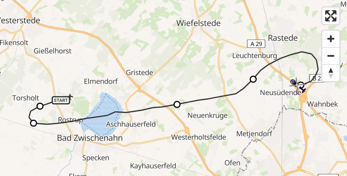 Flugroute Polizeihubschrauber Bad Zwischenahn - Oldenburg Police Hubschrauberlandeplatz, 11 Juni 2026, 22:09