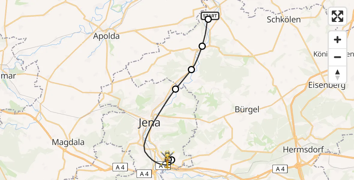 Flugroute Ambulanzhubschrauber Dornburg-Camburg - Jena University Hospital, 11 Juni 2026, 22:10