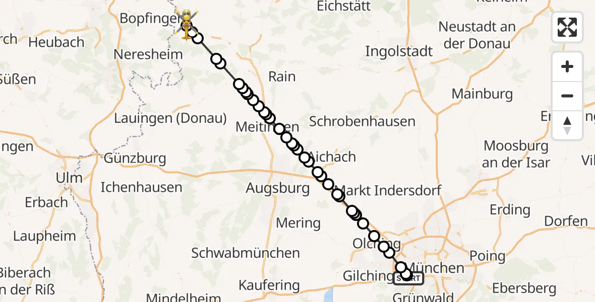 Flugroute Rettungshubschrauber DRF Air Rescue München Hubschrauberlandeplatz - Nördlingen, 11 Juni 2026, 22:31