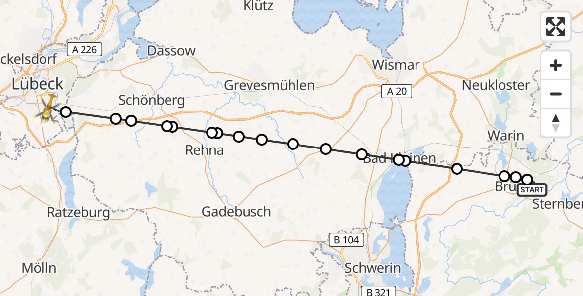 Flugroute Rettungshubschrauber Weitendorf - Lübeck, 11 Juni 2026, 22:47