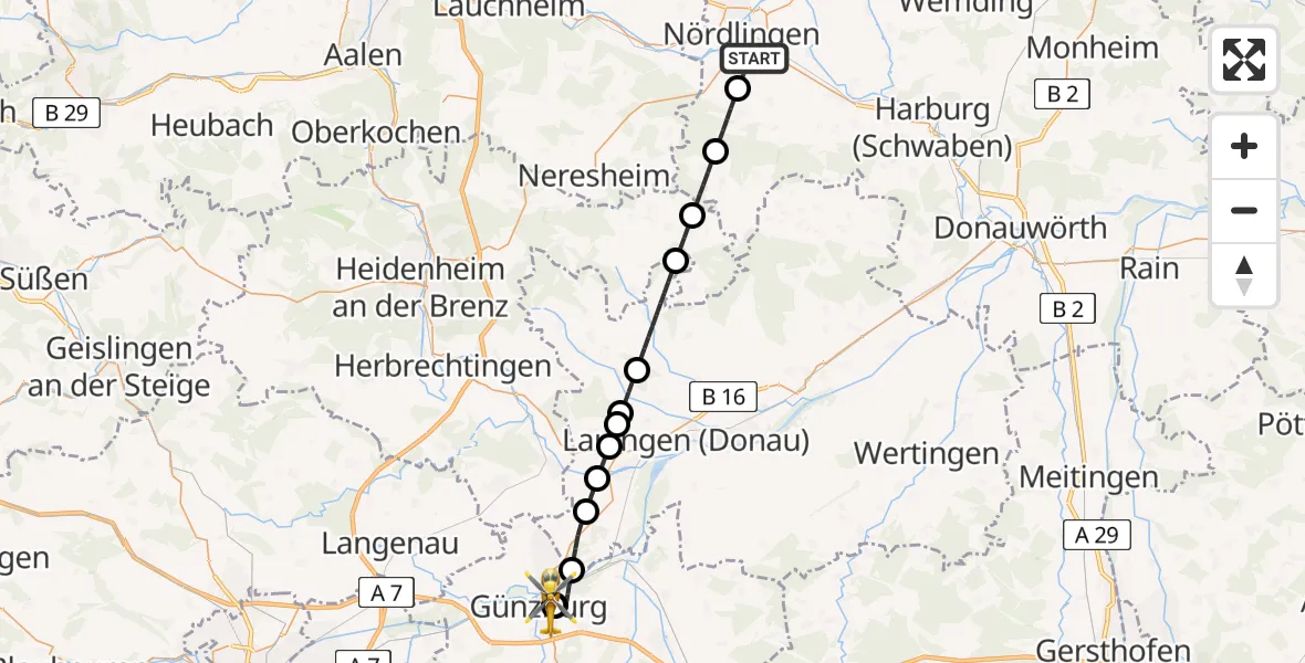 Flugroute Rettungshubschrauber Nördlingen - Günzburg Hospital, 11 Juni 2026, 23:34